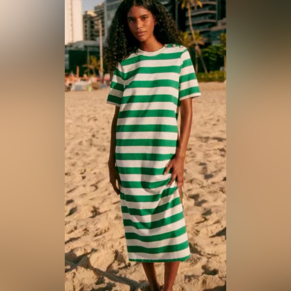 Sezane Emy Dress in Green Cream Stripes XS